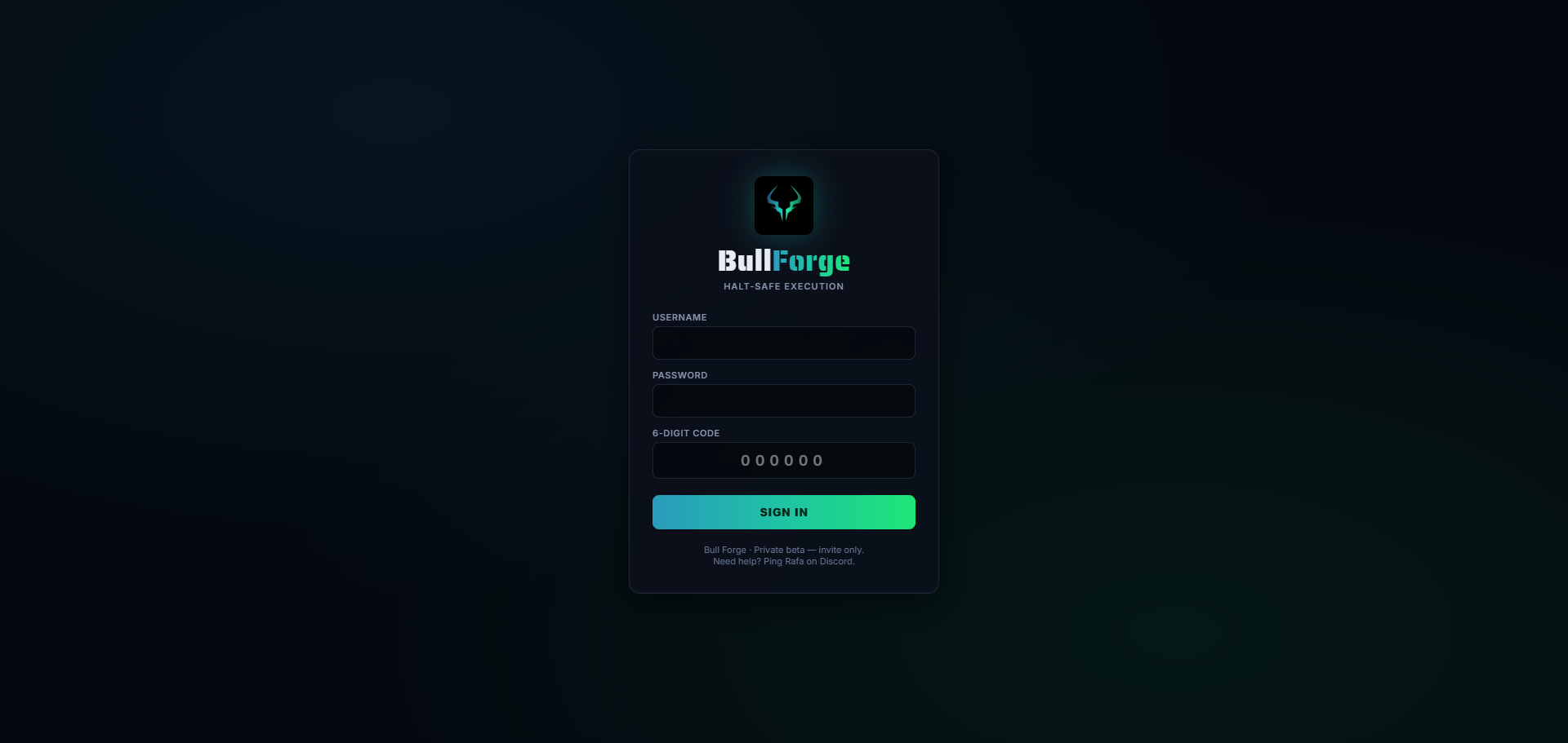 BullForge login screen with multi-tenant authentication and MFA
